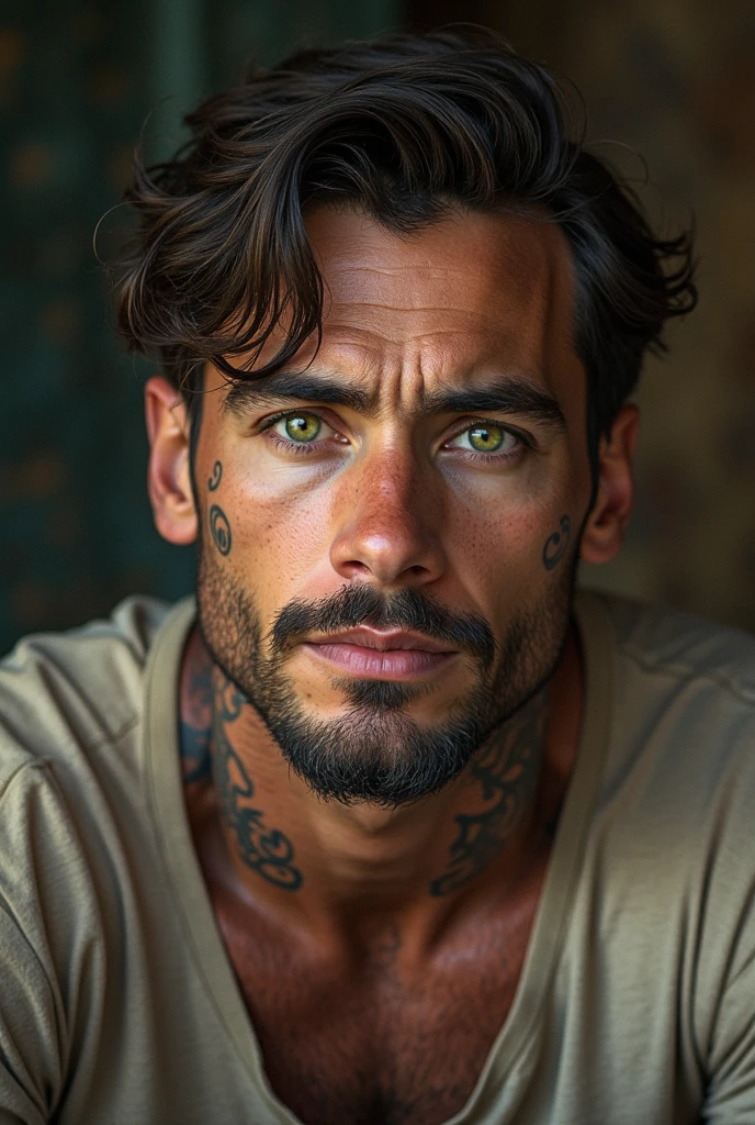 A handsome guy wearing some cool clothes with a bad boy kind of image
some tattoos on arms, chest, and back
dark brown messy hair. Maybe a bit longer than the usual cut, but still easy to manage. Skin-wise a bit tanned. Nothing too extreme, just enough to have a bit of a golden touch. And deep blue eyes.