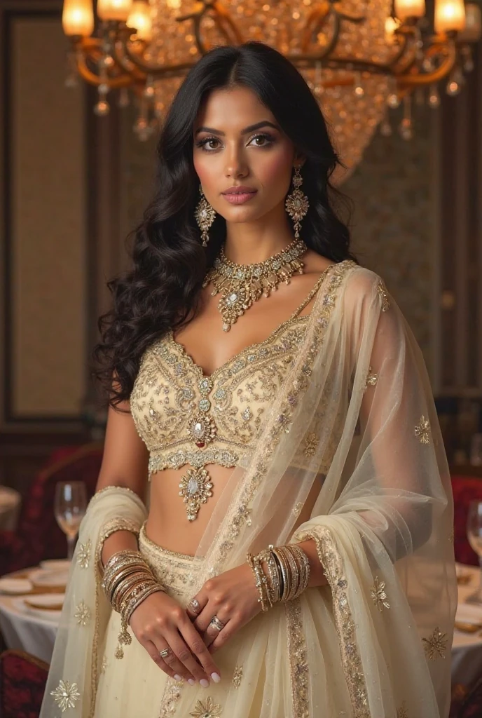 a beautiful indian girl, 19-22 years old, wearing a glamorous full-length dress, detailed realistic face, detailed eyes and lips, long eyelashes, intricate dress details, high-quality, photorealistic, 8k, cinematic lighting, dramatic atmosphere, warm color palette, masterpiece just looking like real human
