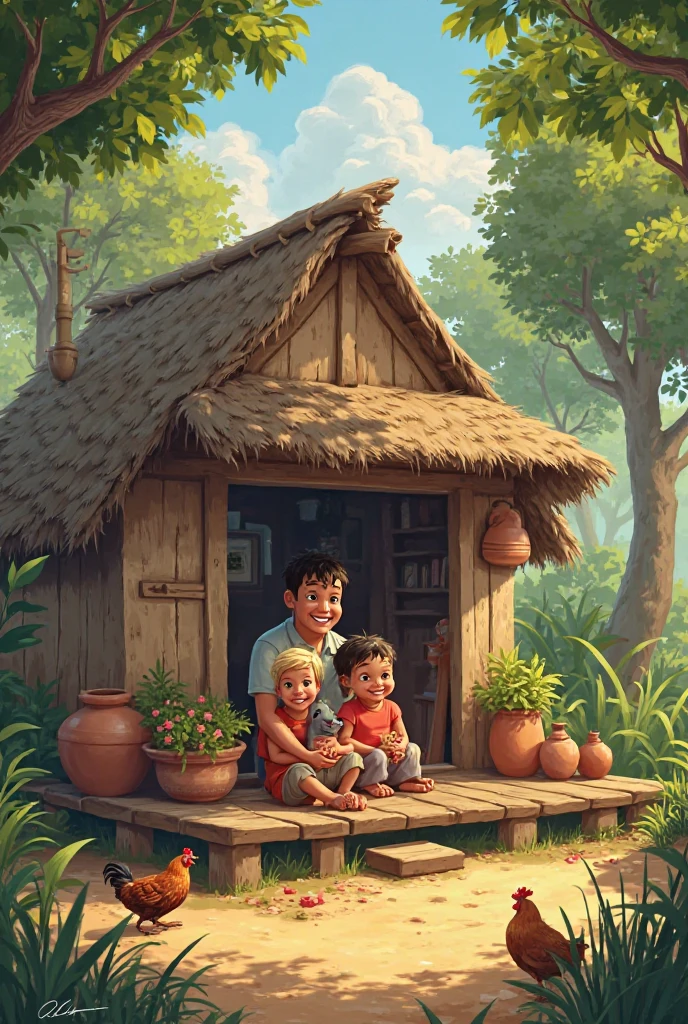 A small, quaint village surrounded by a dense, vibrant jungle. Villagers are seen chopping wood and gathering fruits near the forest edge. The sun is shining brightly, casting warm light over the scene. 3D Disney style