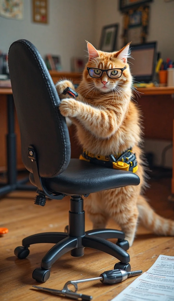 "An orange tabby cat, standing upright like a human, is skillfully assembling a black office chair. Wearing a tiny tool belt and safety glasses, the cat holds a screwdriver in one paw while tightening a bolt with precision. The scene is filled with scattered tools, an instruction manual, and chair parts on a wooden floor. The cat’s focused expression shows its determination, while a warm, cozy home office setting serves as the background."