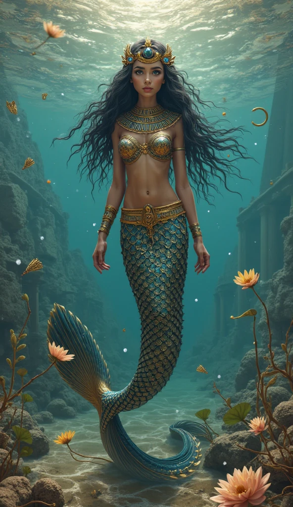 (full body) beautiful woman, dark skin, long dark hair, curly dark hair, (mermaid), (betta fish tail), queen of the seas, brown and gold, holding mirror, (bright environment), intricate details, cosmic, ethereal, (mystical), complicated environment, brush stokes, illuminating lights, (insanely beautiful), (insanely detailed), (best quality), (cinematographic), corals, fishes, jellyfish