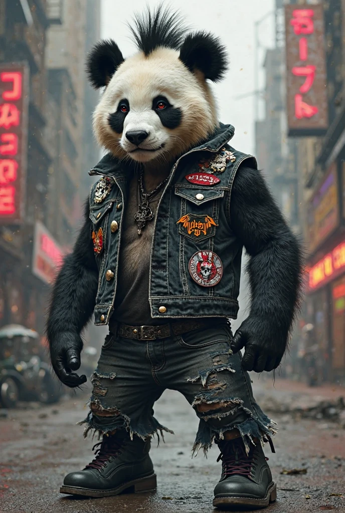 A muscular panda rapping in a biker outfit 
