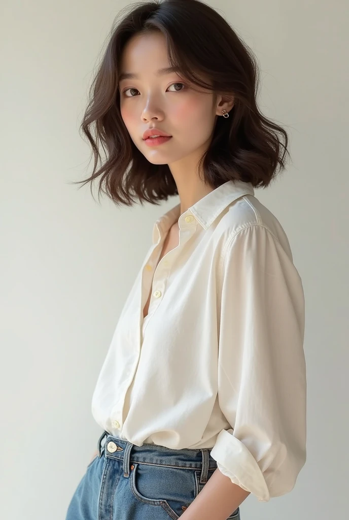 A 20-year-old woman visiting an art gallery。She has short black wavy hair with bangs、He wears sophisticated clothes、Walking around admiring works of art。