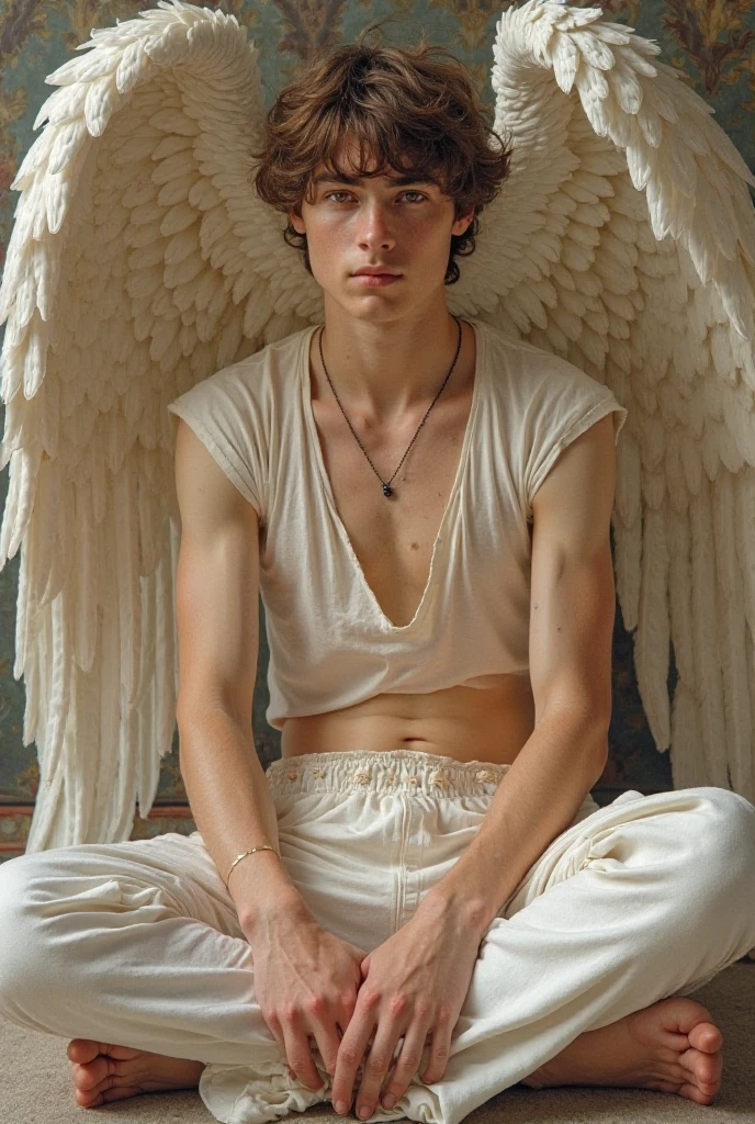 (Masterpiece: 1.3), (Best Quality: 1.2), 8K, hypersexual hyperdetailed gay erotic photograph, (Very Detail: 1.3), Best, (1 Boy: 1.2), not muscular, 18 year old shirtless twink boy model, nude, Masterpiece, Best Quality, Raw Photography, Photorealistic skinny angel with black wings, ((shirtless)), very short undercut hairstyle, (best quality: 1.5), (Masterpiece: 1.5), (very high detailed: 1.4), (beautiful boy: 1.5), 1boy, very beautiful white boy, ((19 years old)), ((full-length)), light blonde hair, big blue eyes, seductive eyes, bright, red blush, (shy face: 1.4), shell necklace, white shirt, (short skirt: 1.5), ((smooth face)), 
