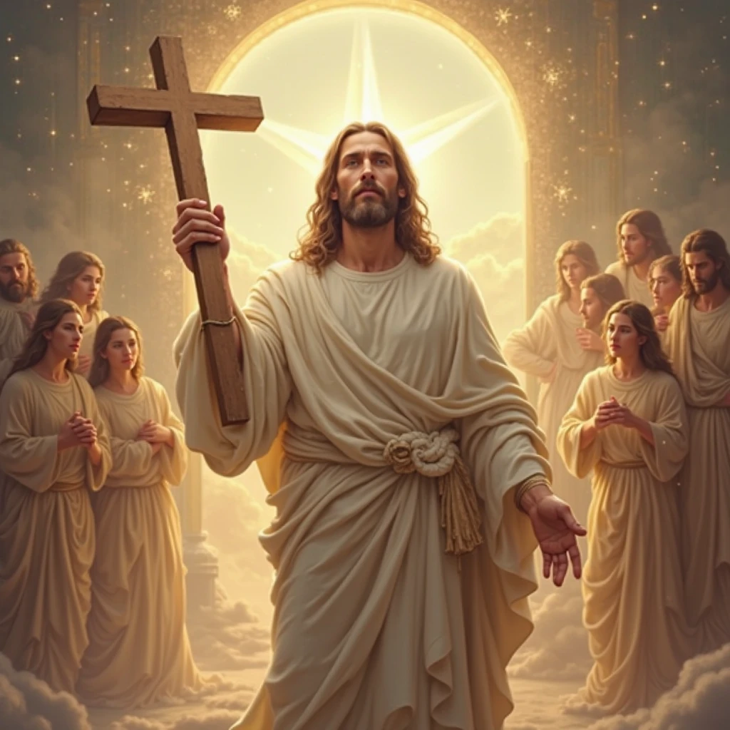 Wonderful Jesus Christ holding a golden crucifix with a heavenly aura with a splendid sky of other planets in the background with angels