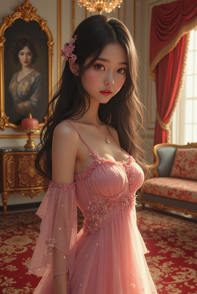 (masterpiece, ultra quality, high-res, 10, intricate: 1.2), (detailed face:1.2),so pretty, Detailed skin, pores, Absurd , whimsical, [musculine],1 girl,Pink dress, ((Realistic)), good lighting quality, korean girl, ((pale skin)), balanced eyes,