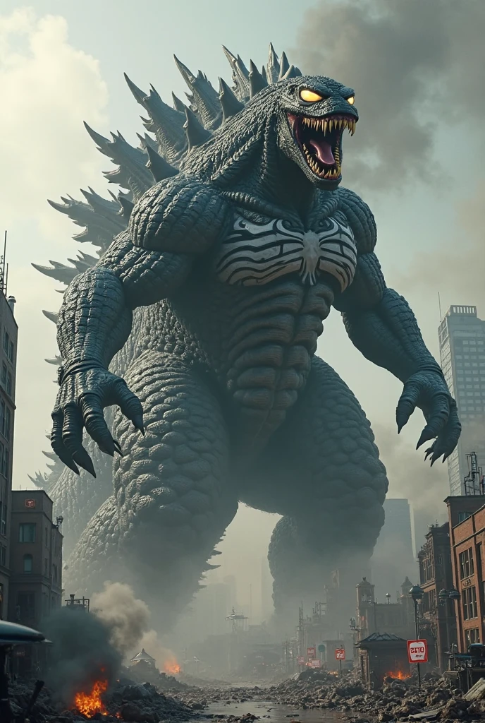 frontal,low angle shot,masterpiece,best quality,highly detailed,2 monsters,godzilla vs mecha godzilla,Destroyed buildings,battle,city,monster,destruction,(((size difference))),