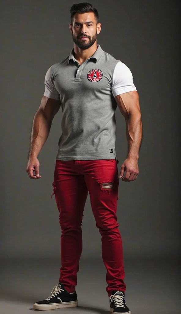 full body portrait,a handsome spanish mover worker,wearing gray sweat pants,red undershirt,white Reeboks,white athletic socks, red bandana tied around forehead,
