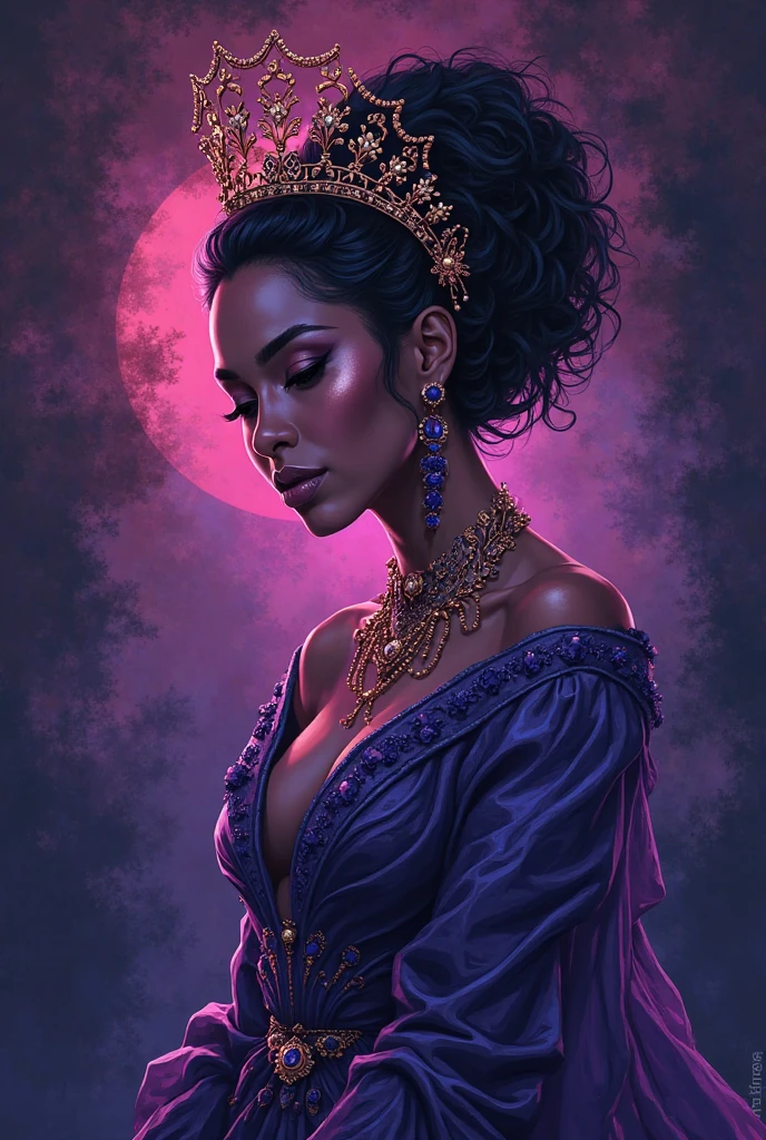 An 1800s theme cinematic photo of an enchanting and alluring African American woman, resembling Halley Berry, who exquisitely beautiful, in high-contrast, warm-toned digital photography, capturing the subtle dance of light on her porcelain skin. Her delicate features are rendered in lifelike precision, from the whisper-thin eyelashes to the full, rosy lips, against a backdrop of soft, gradient blues and purples, evoking a mystical, dreamlike atmosphere. Vibrant crimson accents adorn her luxurious, flowing attire, imbuing the scene with a sense of opulence and mystique, as her piercing emerald gaze beckons the viewer into her intimate, mystical realm.