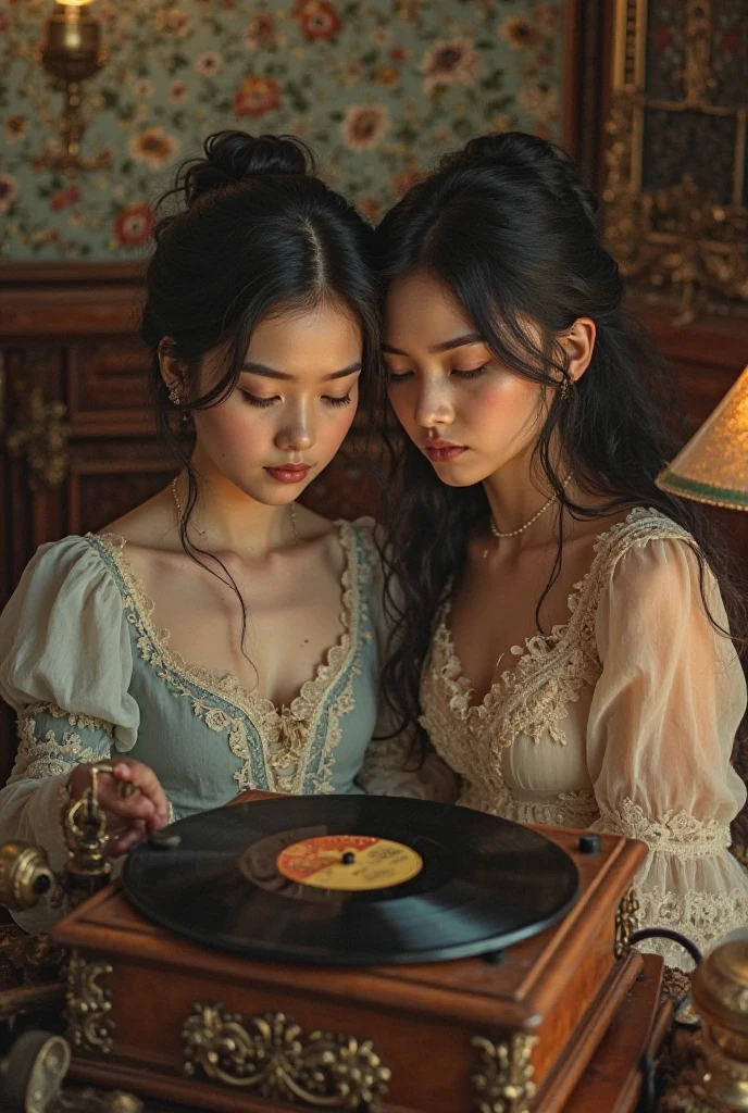 Create a masterful and portentous hyperrealistic book cover of two beautiful women back to back , old clothes,  The first with long black hair is playing a violin ,  brown eyes and pale red lips , with sensual face, big breasts, la segunda de cabello rubio big breasts sensual esta  tocando un cello  en un  fondo un clásico fondo epico que las mujeres esten mas hacia la derecha de la imagen