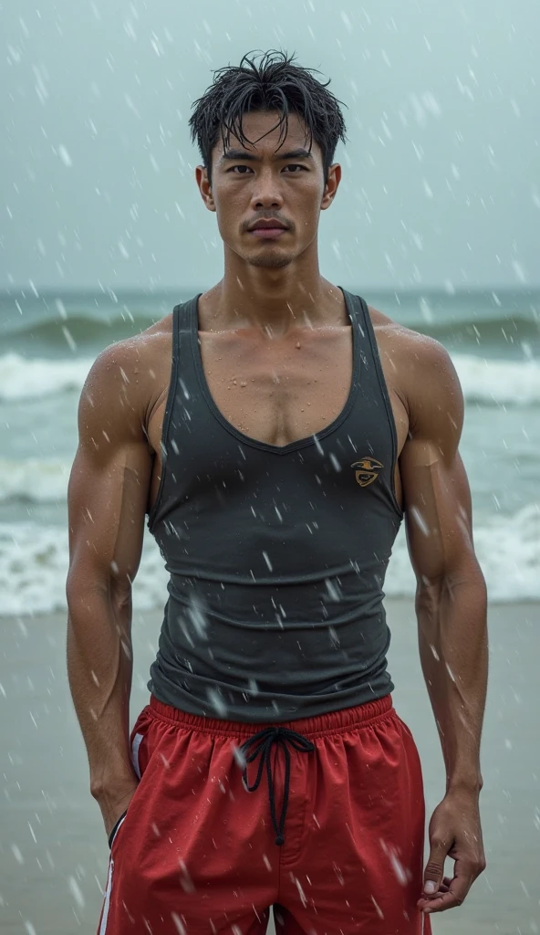 Behold a fashion editorial photo shoot featuring a photogenic and charming mixed Thai male supermodel, natural pale skin tone with a fit and slander body stands confidently under a rain, The camera angle is a dramatic low-angle shot, looking up at the model from below, creating a sense of power and dominance in the composition. The model wears white sheer pants with thick bulge, white wet t shirt, which emphasizes his athletic physique, particularly his toned legs and strong posture. His stance is wide and firm, with one arm slightly extended forward, creating a dynamic perspective that draws the viewer's eye upward along his body to his face. The environment is during a sudden downpour, with dark, heavy clouds looming overhead. The once bright sky is now filled with layers of gray, adding a dramatic contrast to the model’s olive skin. The lighting is diffused, with soft, even shadows, and the wet sheen on the model's body enhances the definition of his body. The rain is visible as small droplets, some clinging to the model’s skin and others caught mid-fall, adding texture and a sense of movement to the image. The environment is an raining and scattered clouds, contributing to the image's vibrant and energetic atmosphere. The sunlight is intense, casting strong, natural light on the model's body, which accentuates his body definition and adds depth to the image. adds a sense of realism and enhances the rainy feel of the scene. The photograph is taken with a Canon EOS R5 camera paired with a Canon RF 16mm F2.8 STM lens. The wide-angle lens is perfect for capturing the model's full body while emphasizing the expansive sky above. The inspiration for this shot draws from the work of Bruce Weber, known for his bold, dynamic compositions and ability to capture the strength and beauty of the human form, soak pants and t shirt, wet hair and body:1.37, heavy rain,