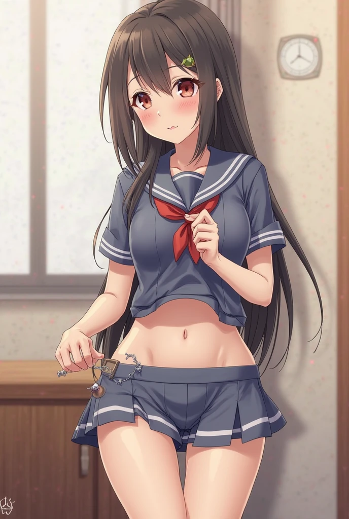 Masterpiece, hd, realistic, 1girl, 18 y.o, brown hair, long hair, serafuku, sailor_uniform, white_uniform, blue pleated skirt, red sailor collar, short sleeves, standing, outdoor, lifted skirt, skirt lift, (lifted skirt:1.4), exposed panties, pink panties, (panties:1.2)