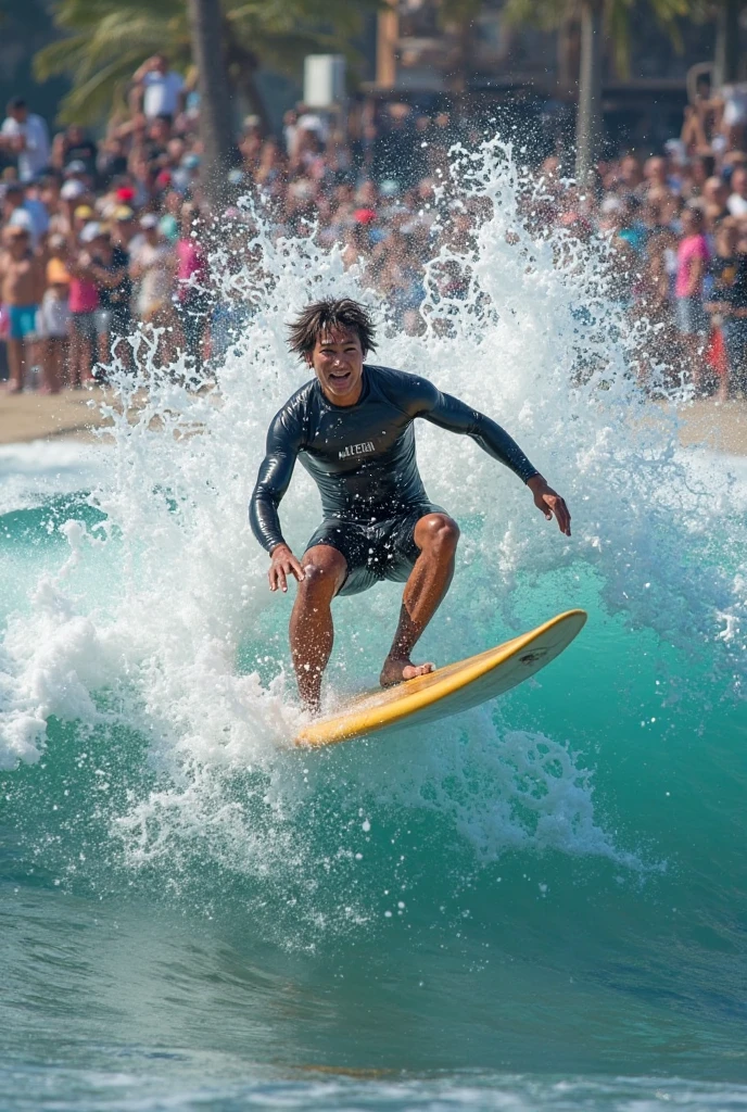 Garu with his characteristic hairstyle and serious expression surfing with a green swimsuit shorts and a black cat with yellow eyes on his head