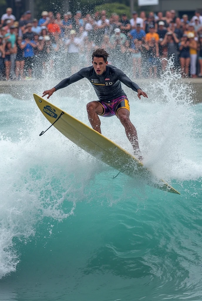 Chayanne with purple flowers on a surfboard