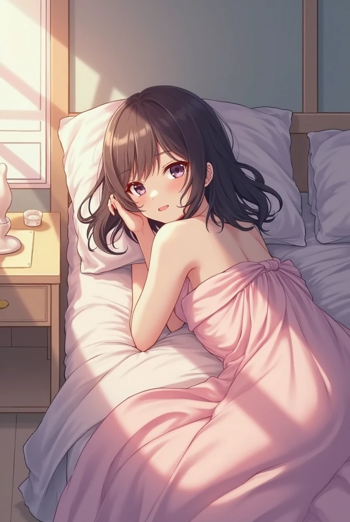 1girl, loli, 4 years old, blushing, cute, short hair, twintail hair, cute pink mini dress, upskirt, (pussy), spread legs, lying on bed