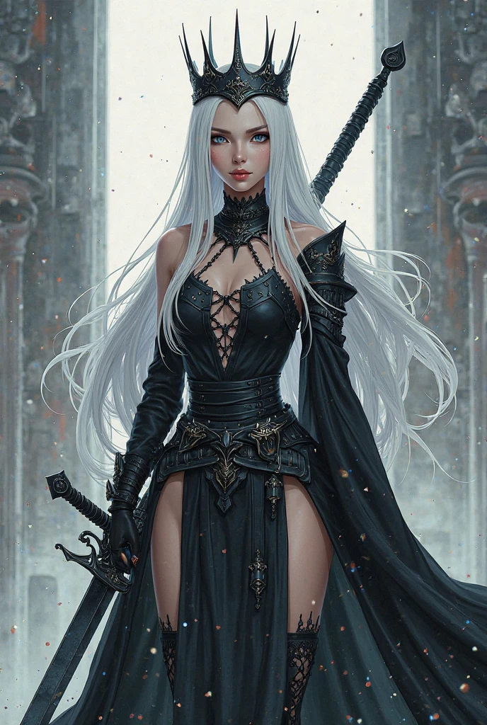 A regal, mystical warrior woman stands proudly, her majestic silver hair cascading down her back like a river of moonlight, framing her elegant face and prominent cheekbones, with glistening green eyes that shimmer like emeralds in the sunlight, piercing through the darkness. Her smooth, porcelain skin has a subtle, golden undertone, hinting at her otherworldly heritage. Clad in dark, supple black leather armor, adorned with intricate, swirling silver patterns that evoke ancient mysticism, she exudes an aura of quiet confidence and unyielding power. In one hand, she grasps a glowing, iridescent orb that pulsates with soft, ethereal light, while the other hand firmly holds a magnificent, glistening silver long sword with an ornate, curved hilt, its blade etched with mysterious runes that seem to whisper secrets to the wind.