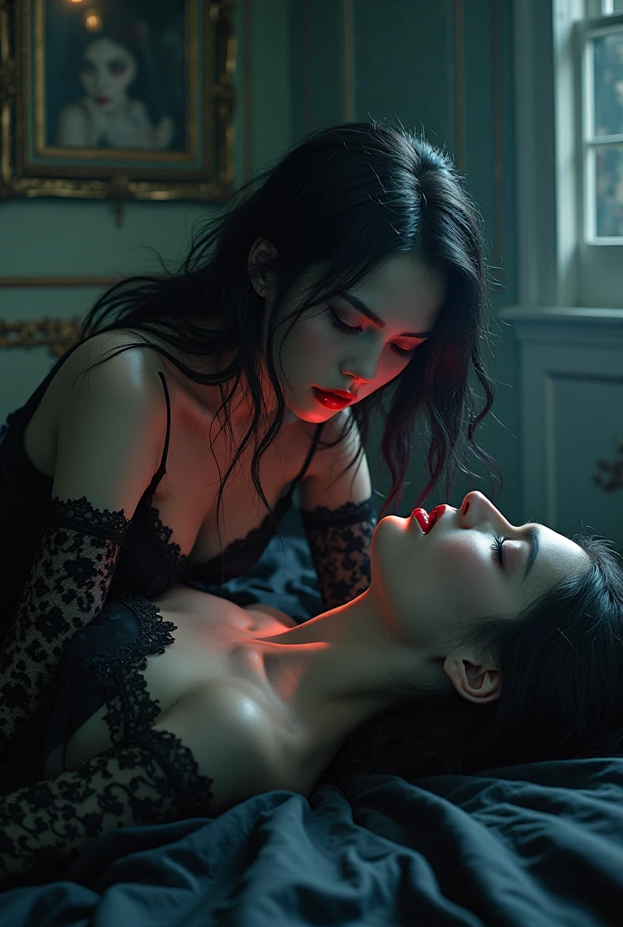 (very sharp result, full body desaturated photo) (((textile shading))), (((Best Quality))), (((masterpiece))), (((hyper realistic photo))) 2 pale vampire girl hold, make out & kiss each other) black & crimson robe outside, naked inside, showing big breast with red nipples, red castle mood lighting, black lipstick, thuck blood on their lips