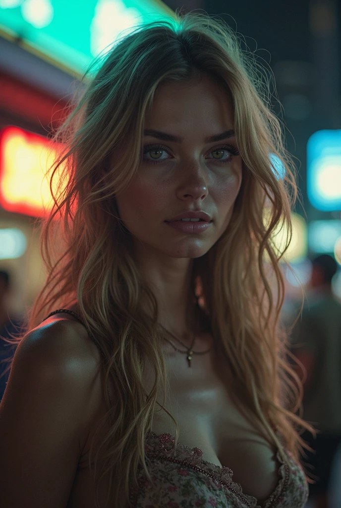 25 years old girl, russian blonde, new york street,night, cityscape,city lights, upper body,close-up, 8k, RAW photo, best quality, masterpiece,realistic, photo-realistic,