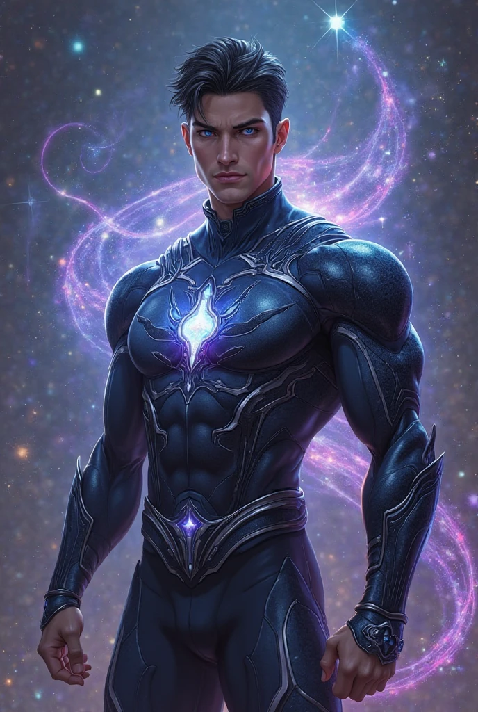 (masterpiece, high resolution, detailed:1.3), a mesmerizing depiction of a (strikingly handsome young man:1.2) donning (wearing transparent see-through futuristic clothes, bulge:1.2), standing against the backdrop of the vast and mysterious cosmos, breathtaking grandeur, LED internal lighting, cyberpunk style, fibre optic hair, glowing blue iris, muscular, best quality, masterpiece, His (toned physique:1.2) is bathed in the soft glow of distant stars, creating an otherworldly aura. As he gazes out into the depths of space, his (intense blue eyes:1.2) reflect the wonder and curiosity of his cosmic journey. The intricate details of his attire and the (subtle gleam:1.2) on his skin are meticulously captured, lending an air of realism to the scene. The celestial expanse behind him is a tapestry of (nebulous formations:1.2), (dazzling galaxies:1.2), and (shooting stars:1.2), a breathtaking testament to the beauty of the universe. This artwork melds the allure of a beautiful man with the awe-inspiring vastness of space, evoking a sense of both intimacy and grandeur. intricate details, dynamic pose, dynamic angle, (surreal), (illustration), ((oil painting \(medium\):1.2)), sharp focus, soft lighting, vibrant colors, cinematic photography, dynamic angle, volumetric lighting, film grain, hard shadows
