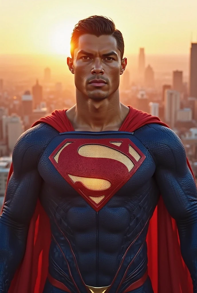 Will Smith's face, superman's body, full body, well-muscled body, buildings around, blue sky, midday sun, cars on the road, lots of people, black man