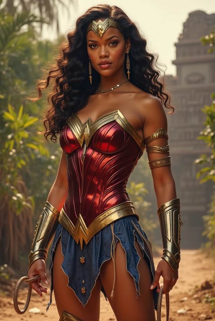 A beautiful woman Adriana Lima under the mantle of the warrior of Eutopia Zarda Shelton alias power Princes Marvel universe Black suit in leather that covers her entire body and forearms the suit has gold under her and waist simulating a belt silver bracelets Diaema liza on her forehead silver choker on her neck skirt in black leather in the style of Wonder Woman 84 Movie