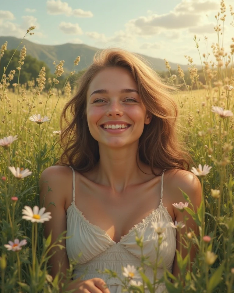 En cette nuit d'août, Arafed décide de se promener dans un champ de fleurs sauvages. Elle porte une combinaison en lin beige à fines bretelles, parfaite pour la douceur de l'été. Ses cheveux bruns sont légèrement ondulés, encadrant son visage sans maquillage, révélant ses yeux verts perçants. Le soleil commence à descendre, créant une lumière dorée qui illumine son teint et ajoute une touche magique à l’ensemble. Elle prend un selfie au milieu des fleurs, capturant son sourire naturel et son regard apaisé. L'arrière-plan est un paysage bucolique avec des champs qui s’étendent à perte de vue, créant un contraste magnifique avec sa tenue simple et élégante.