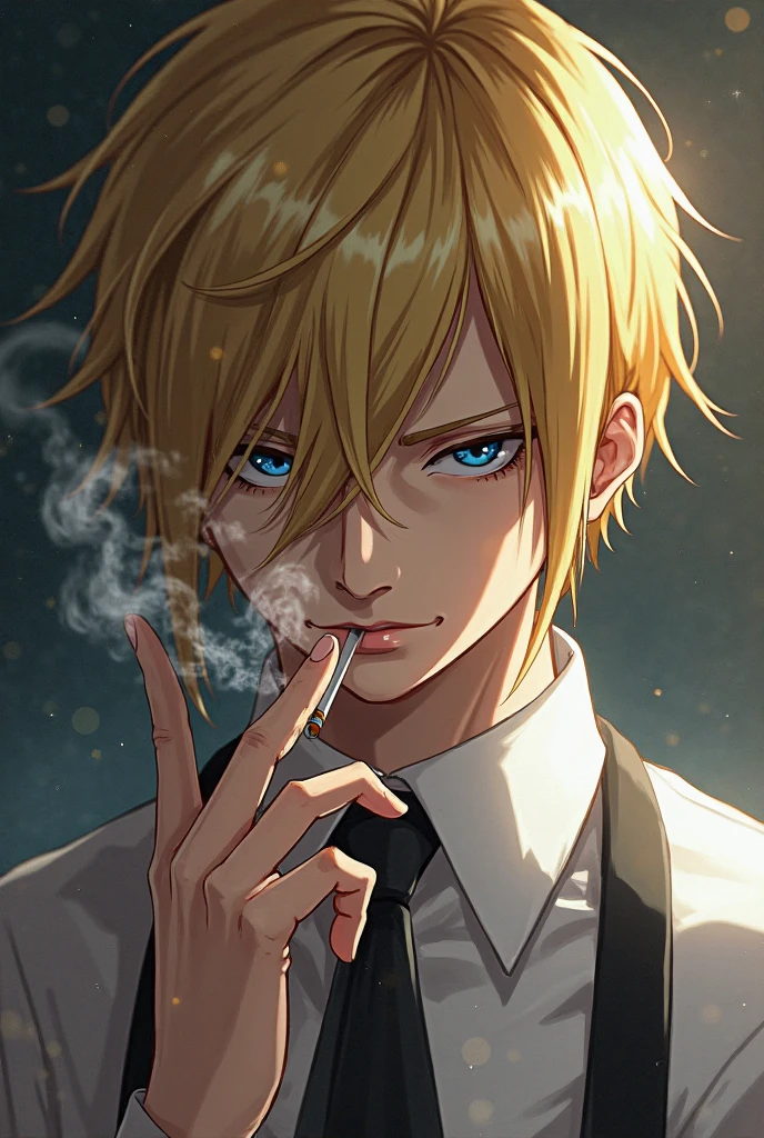 Creating Sanji from One Piece、Watercolor、An illustration、Yellow Hair、Cigarette in mouth、business suit、shirt、precise face features、black eye、Sporty clothing、High resolution、solo
