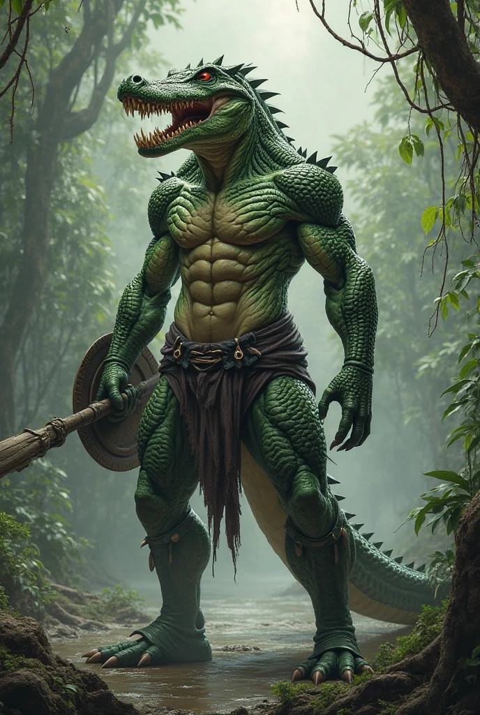 sweat drops, photography, (cool posing:1.1025), smooth skin, ultra realism shading, anthro, green, gator, photorealistic, nude, suggestive, (rembrandt:1.1025), huge pecs, tribal, warrior, biceps, (loincloth:1.05), tiny small waist, slim hunk, nsfw, in a swamp, white belly, tail