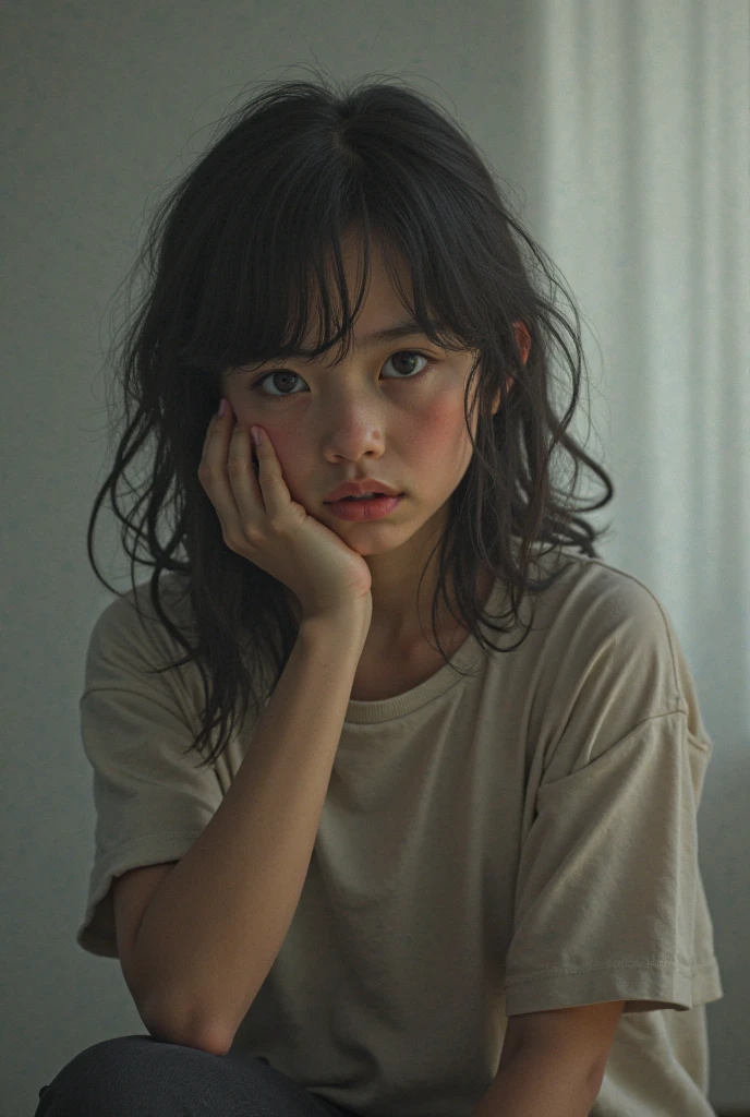 (photorealism:1.2), a young woman ((sitting)) with a sad face. ((crying))