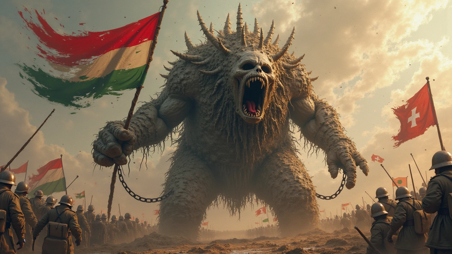 Create an image where the map of India is illustrated as a monstrous creature. This creature has a menacing, exaggerated face, and its "body" is shaped like the Indian subcontinent. The monster is depicted as constantly consuming or drawing in the map of Bangladesh, which is being sucked towards its open mouth or a vortex. The background could show a chaotic scene to emphasize the ongoing action.