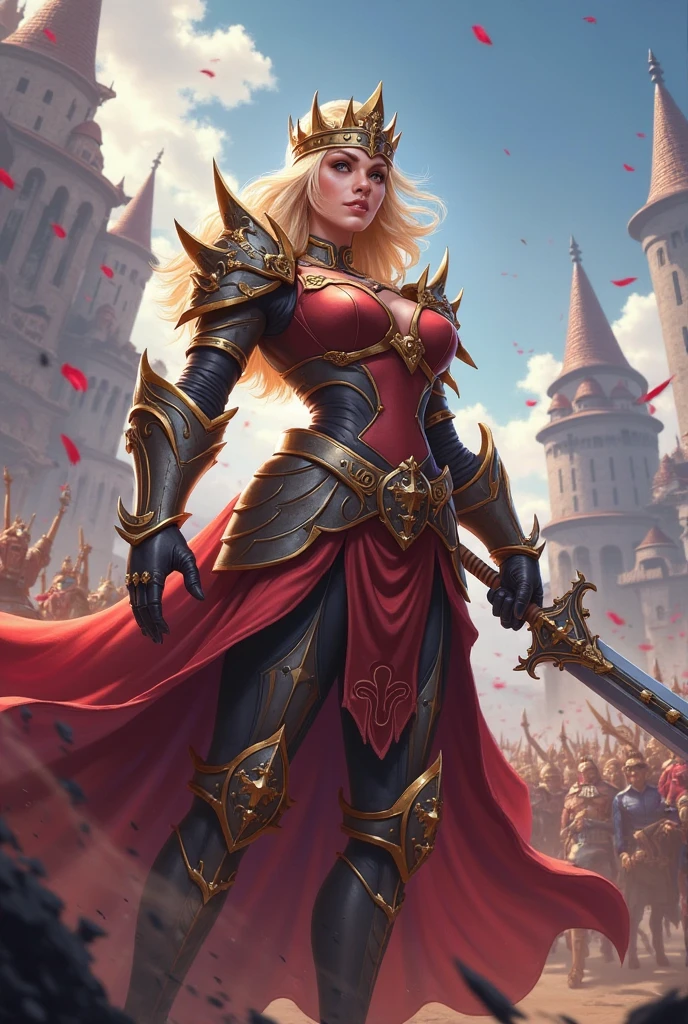 masterpiece, best quality, 1girl, solo, catra <lora:last:0.74>, steel breastplate, full armor, tsr-style, weapon on back, platinum blonde hair,