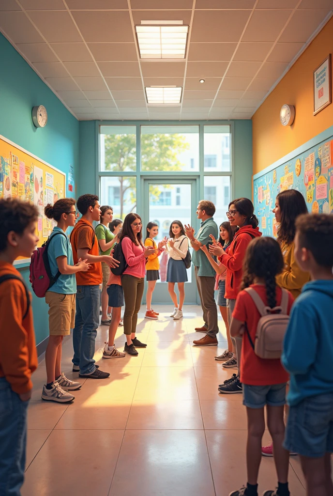 Students are lining up to receive their things from their teachers.
