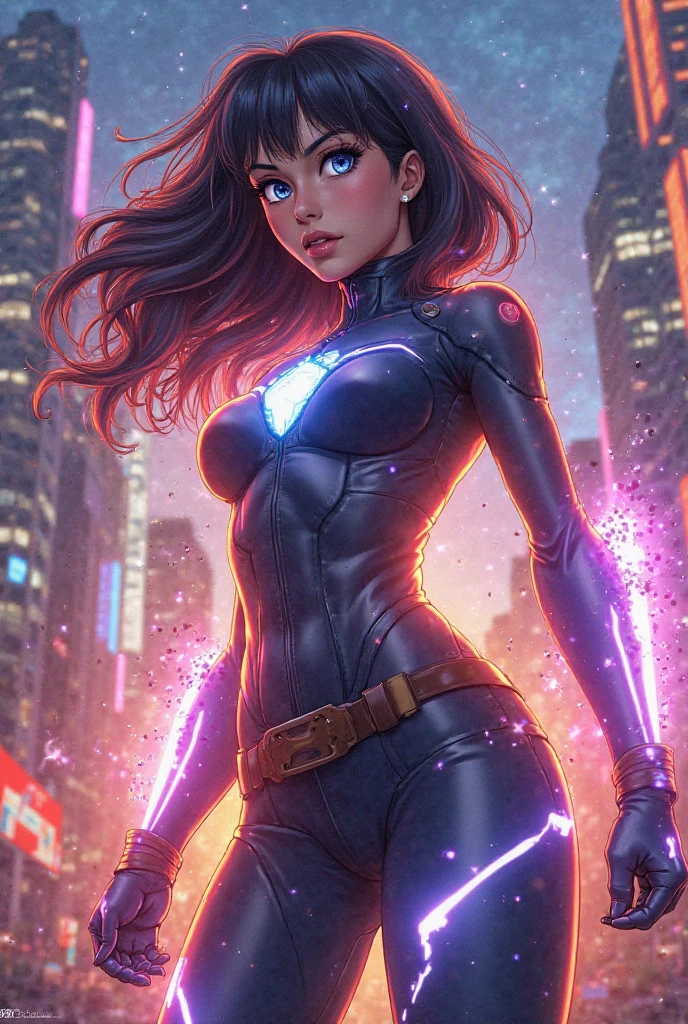 Supergirl, cute face, serious face, skimpy leotard costume, standing, post apocalytic background, night time, colorful background, UHD, side lighting, ultra-realistic, ray tracing, full body must be shown