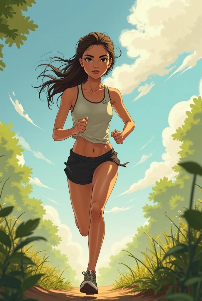 Caucasian woman, blue eyes, blue-black hair, wavy hair, long hair, athletic body, full body, blue lycra shorts, white top, nipples marked, blue sports shoes, walks in the park, park with many people. Take from bottom to top.