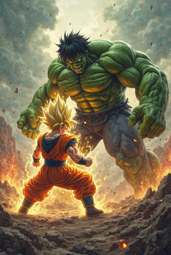 Full body view of the Hulk and Super Saiyan combo，tmasterpiece，high detal，best qualtiy，A high resolution，16k，in a panoramic view，hyper HD：： --v 5