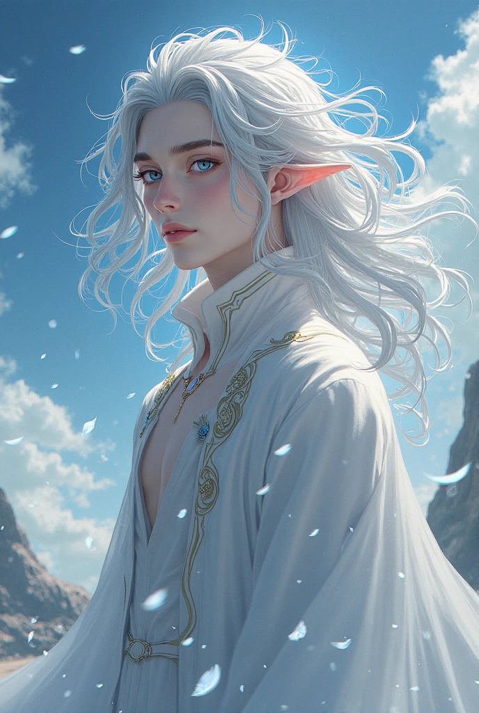 Pop album cover art, dramatic  man elf, long white hair, blue eyes