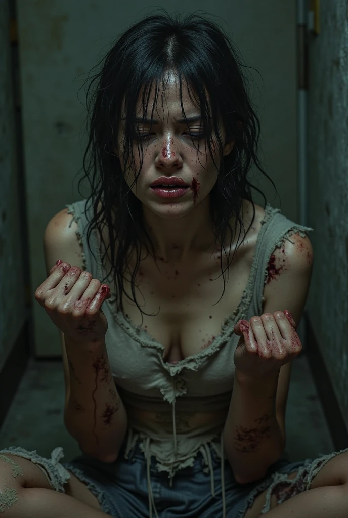 Suddenly, a screeching sound echoes through the bathroom as one of the windows is broken. a zombie, attracted by the sound of water, invades space. With pale, rotting skin, empty and hungry eyes, he moves in an uncoordinated manner, but with a frightening force.
The woman reacts quickly, picking up one of your knives positioned within reach. Still wet and partially dressed, she faces the zombie with determination. The fight is intense and brutal, with her delivering precise blows to fend off the creature. The tension in the air is palpable, as the moans of the zombies outside increase, attracted by the tumult. The faint light of dawn begins to illuminate the scene, highlighting the fierce battle for survival.