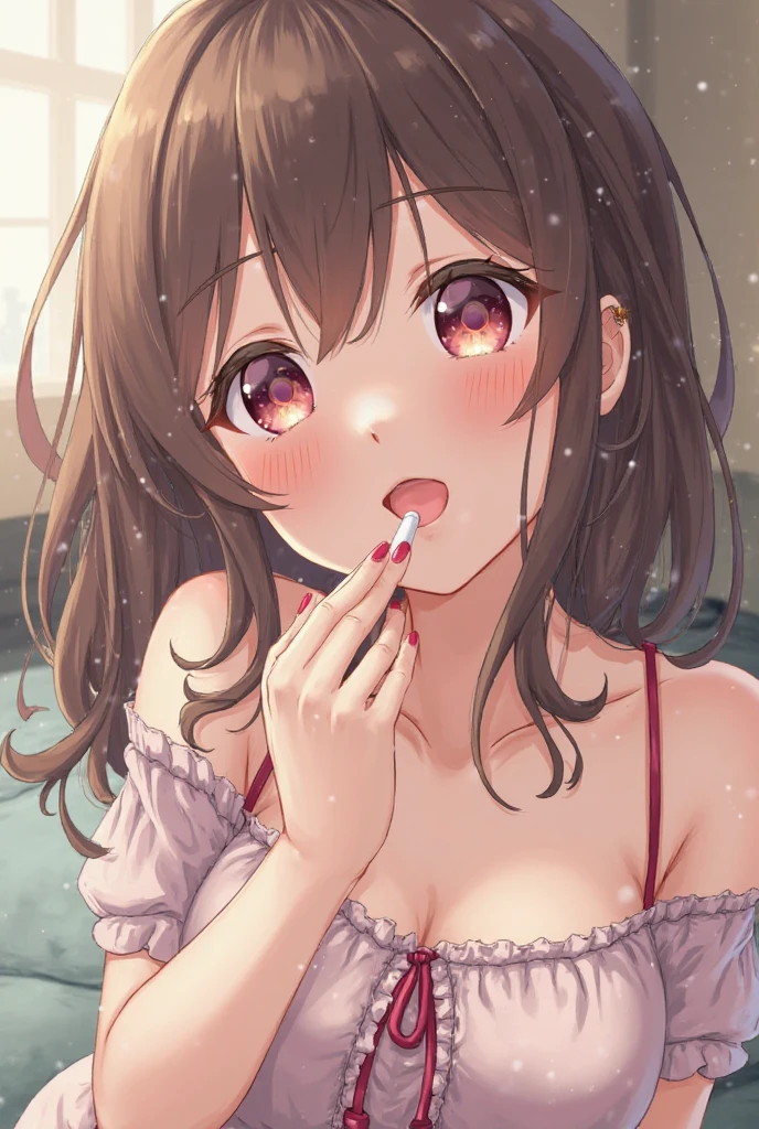 (masterpiece, extremely detailed 8k CG, sharp line), Mai Sakurajima, official art, colorful, beautiful japanese anime style big eyes, one pretty woman, light brown hair, (detailed red thin lace mini bra, detailed red thin lace t-back panties), dark brown eyes, cute, sexy, down blouse, (from above, pov:1.2), crouch, face focus, mouth open wide, (cum in mouth, cum on breast:1.3), white thick liquid on face, Sexual arousal, nose blush, nipple erect, bukkake, hold a stick in mouth, wet and see-through, small hard Nipple erection:1.4, Through nipple, looking at viewer, shy, (large breasts), Cleavage, sperm on face,