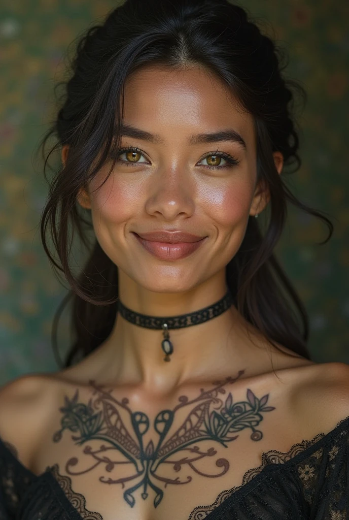 
woman of slavic appearance, with brown eyes and dark eyebrows, fleshy lips, ultra detailed skin with a light tan, smiling, 30years, Scrawny, with an owl tattoo on his right arm, wearing a purple top and a pendant around her neck, has his nose pierced,((( the face and hair appear in the image))), Further away from the camera, natural posture, (((breasts big))) 