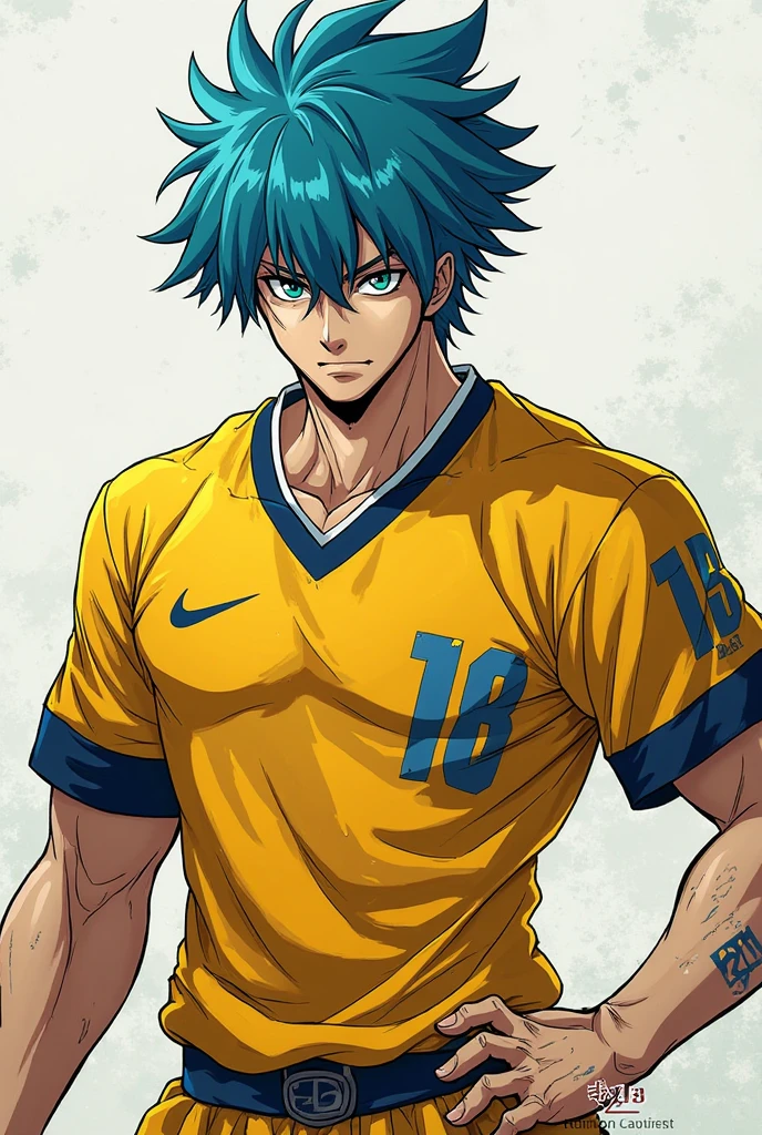 anime character with blue hair and a blue shirt, kentaro miura manga art style, kentaro miura art style, trigger anime artstyle, kentaro miura manga style, kentaro miura art, kentaro miura manga style, norihiro yagi, futuristic tetsuo, blue mohawk, kentaro miura style, blue lock manga style, improve details, ultra detailed, background in a football stadium