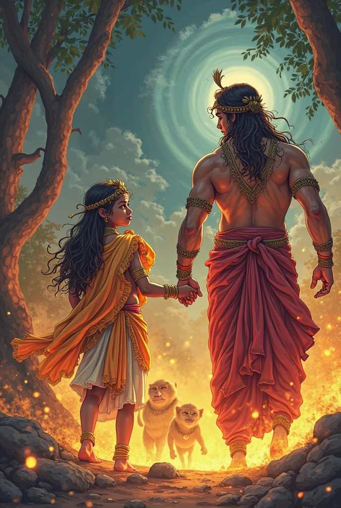 Anime girl standing . Hanuman ji wearing beautiful god costume. Hanuman ji holding umbrella and blessings anime girl