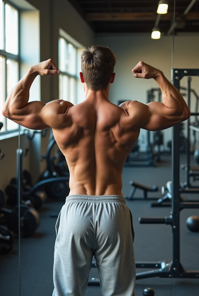 a lean skinny 18-year old shirtless caucasian boy wearing white shorts, undercut blonde hair, tanned skin, drenched with sweat, sweating profusely, hands above head, showing the back, viewing the back, flexing back muscles, in front of a mirror wall, in the gym
