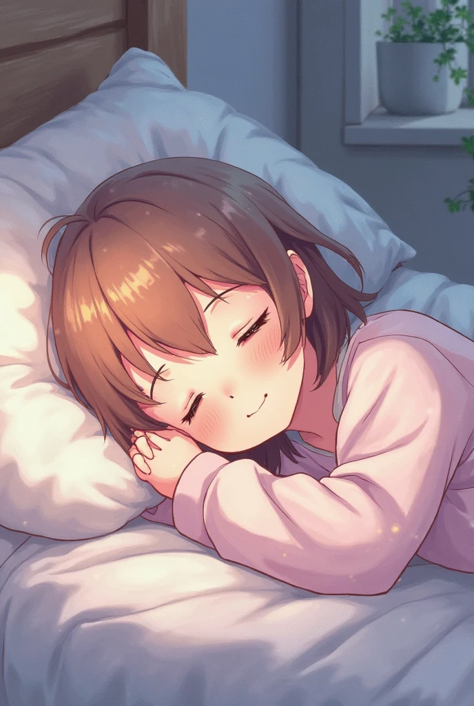 Highest quality, masterpiece, Ultra-high resolution, 8K,Show anime style , Soft Line Art, Digital Enhancement, shojo anime touch, shojo manga core, Flowing fabric, close, Soft Drawing, Ultra-Definition Digital Anime Art, Clear facial depiction, Super detailed girl cartoon character art, Ultra-detailed manga style, Highest qualityの色,((( １People Women))),独奏,(A woman with short brown hair), Wet Hair,Beautiful brown hair, Clear brown eyes, Slightly chubby,Small breasts,pajamas,((She is sleeping in bed with the covers on.)),I&#39;m lying next to her in bed with her, watching her.,Peaceful sleeping face,She wakes up,I call out good morning,She lay face down in the futon.,She rested her cheek on the pillow and turned her face towards me.,((She smiled with a lovely smile.)),Wicked Smile,blush,(Focus on face)