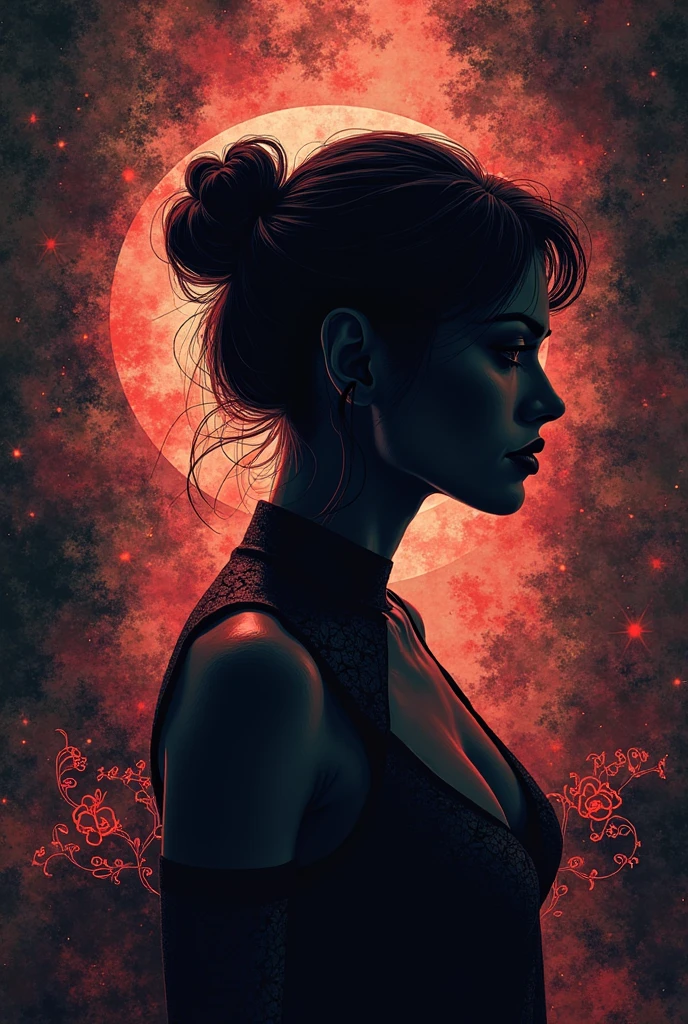 Romanticism reimagined through the lens of modern digital art, featuring a stunning profile silhouette bathed in ethereal light diffraction patterns and glitchy glass textures.