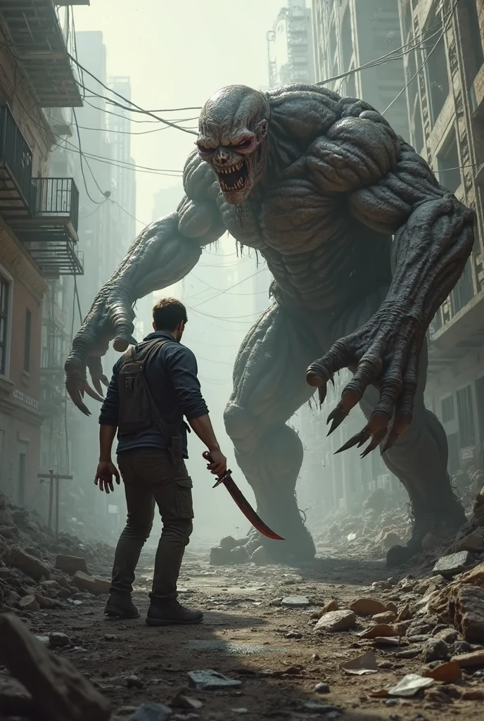 (medium full shot , dutch angle) of terrified victim being chased by a monster, detailed face, located in a horrifying scene at a abandoned mine during night with thunderstorm weather, illuminated by spectral light, creating a eerie atmosphere, ,Masterpiece,best quality, photo, realistic, very aesthetic