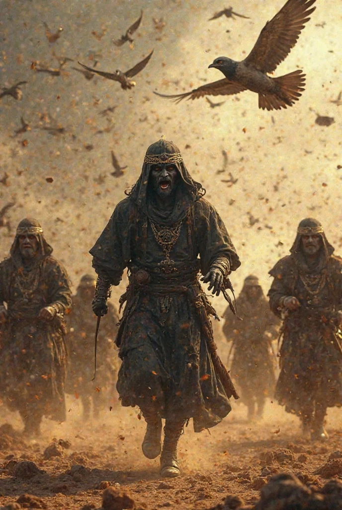 Abraha Al-Habashi, the evil black king, runs scared with his soldiers in horror. Small molten stones carried by many birds fall on them and throw them at them. Some soldiers fall to the ground because of the stones that were thrown at them. Their faces are terrified, and the sky above them is still full of birds