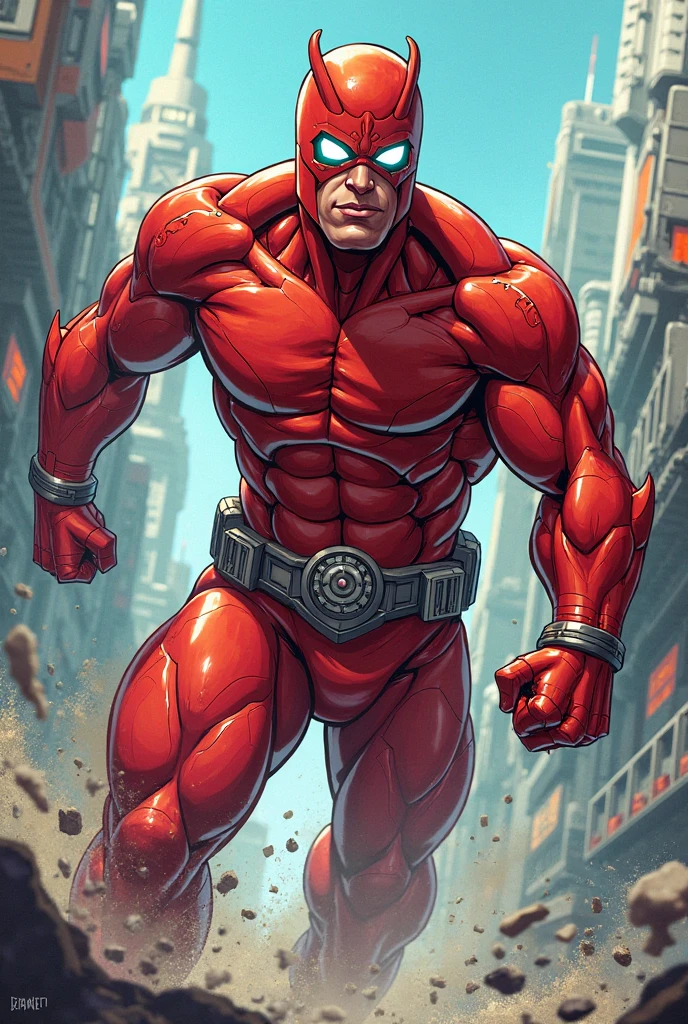 Classic comic book giant man / antman He’s in his giant form with the red Spandex suit with blue gloves and boots and blue undies and gray belt Red Spandex ski mask Eyebrows and he’s bigger than the building