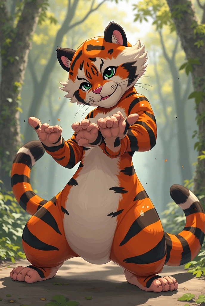 ((masterpiece)), ((solo portrait)), ((full body)), ((One girl)), ((front view)), ((feet visible)), ((furry; anthro tiger)), ((detailed fur)), ((cel shading)), ((intricate details)), ((detailed shading)), ((beautiful render art)), {female anthro tiger; orange fur, black stripes, tiger tail, black nose, beautiful red eyes, (yellow sclera), (expressionless), (fang), (sweat on face), (defined abs), (defined muscles), (huge ass), (huge breast), (imply nudity), nipples, Pussy, ???????, (thin curvaceous hips)}, (tape on ankles), (tape on wrists), (beautiful feet), (Beautiful arms), (black claws)}, {(squatting), (looking ahead), ((Jack-o pose))}, [background; (shaolin temple), (orange sky), (sunset)