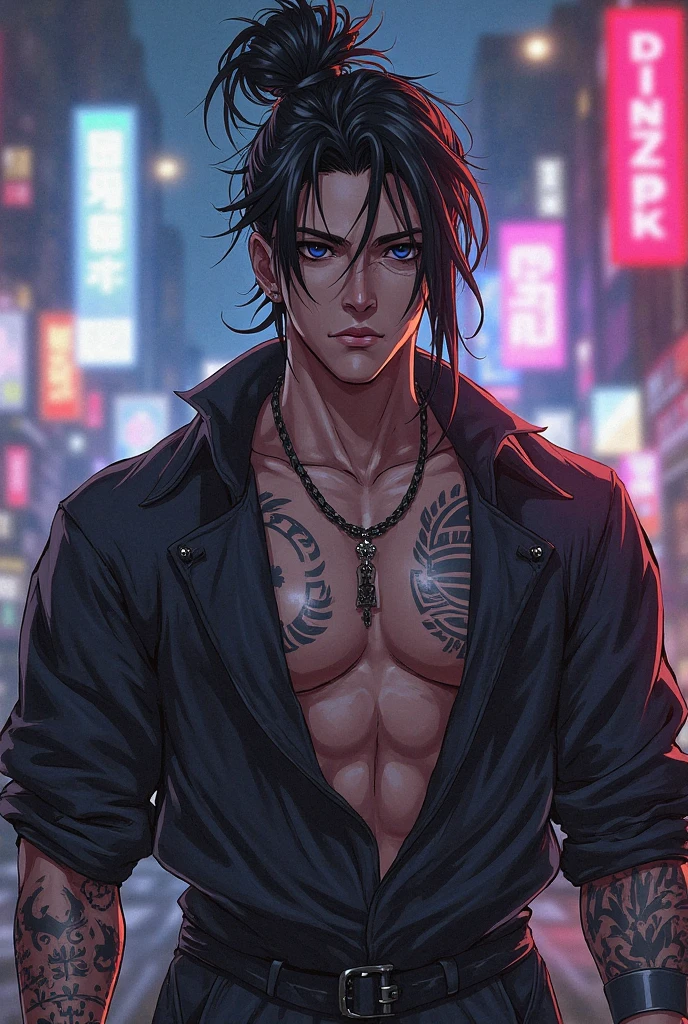 highest quality, 8K, high resolution image, anime style Jujutsu Kaisen, detailed strokes, slightly tanned skin, blurry, smile, purple light reflecting from it, (close angle), 1 man, young, male, model, cool guy, muscular, blue Eyes, light blue hair very short hair, brown hair, short hair, hairstyle: undercut, hair slicked back, swollen chest, he is wearing a jacket Naked torso, and sweatpants, holding a katana in his hand, swordsman pose, gold link chain, background: city, Tokyo, business district, he is a swordsman