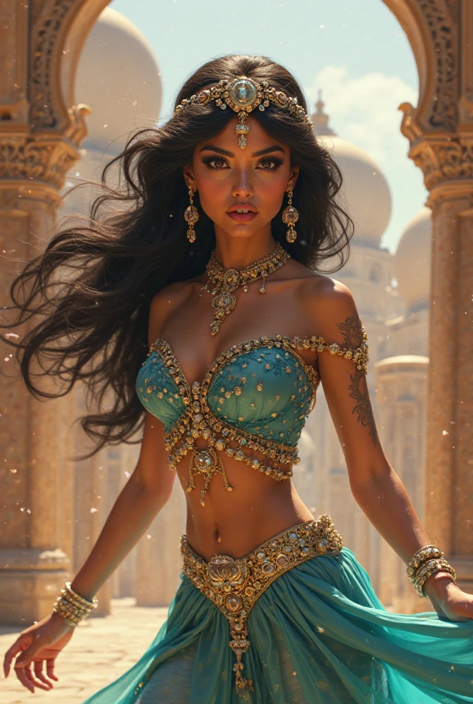 Stunning Princess Jasmine, photo in 8k, in action, cinematic.